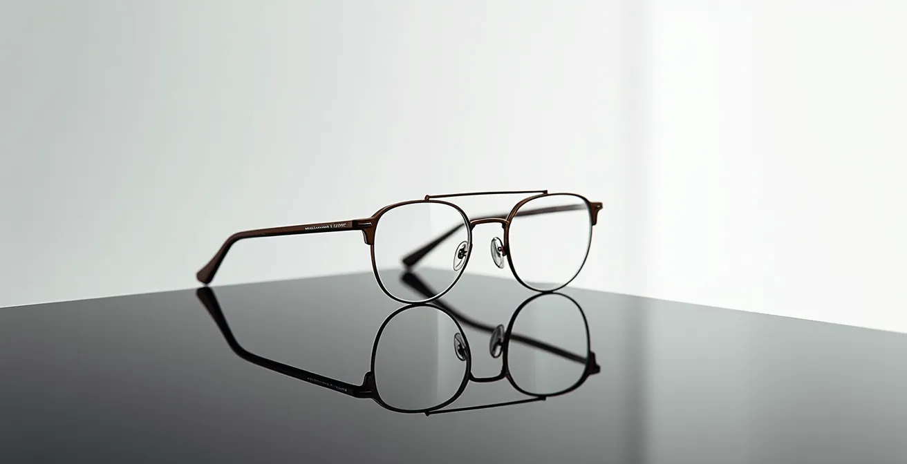 Arrangement épuré de lunettes Santos sur surface réfléchissante avec espace négatif