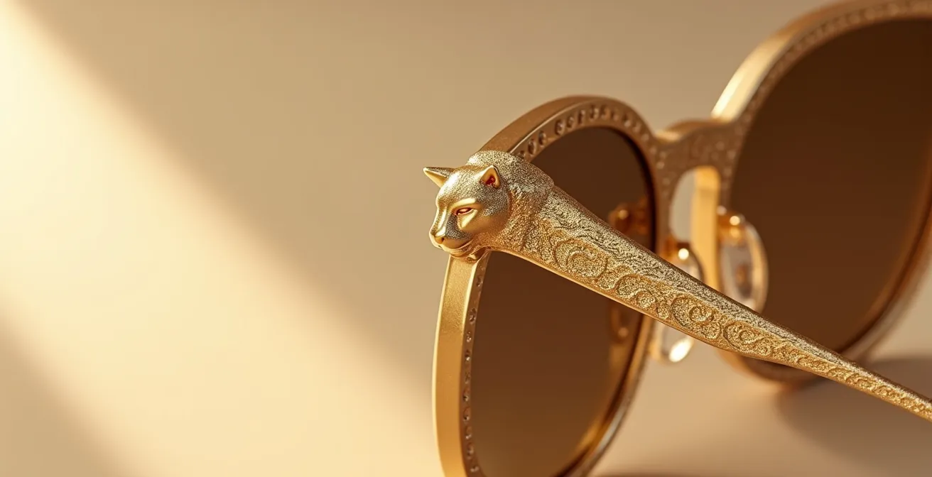 Sculpture de panthère en relief sur branche de lunette dorée